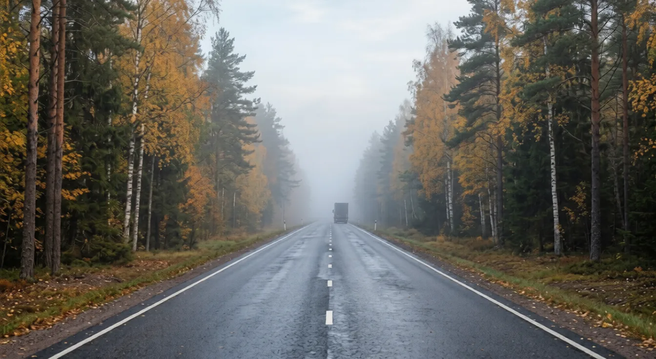 Rekka sumuisella suomalaisella valtatiellä syksyllä