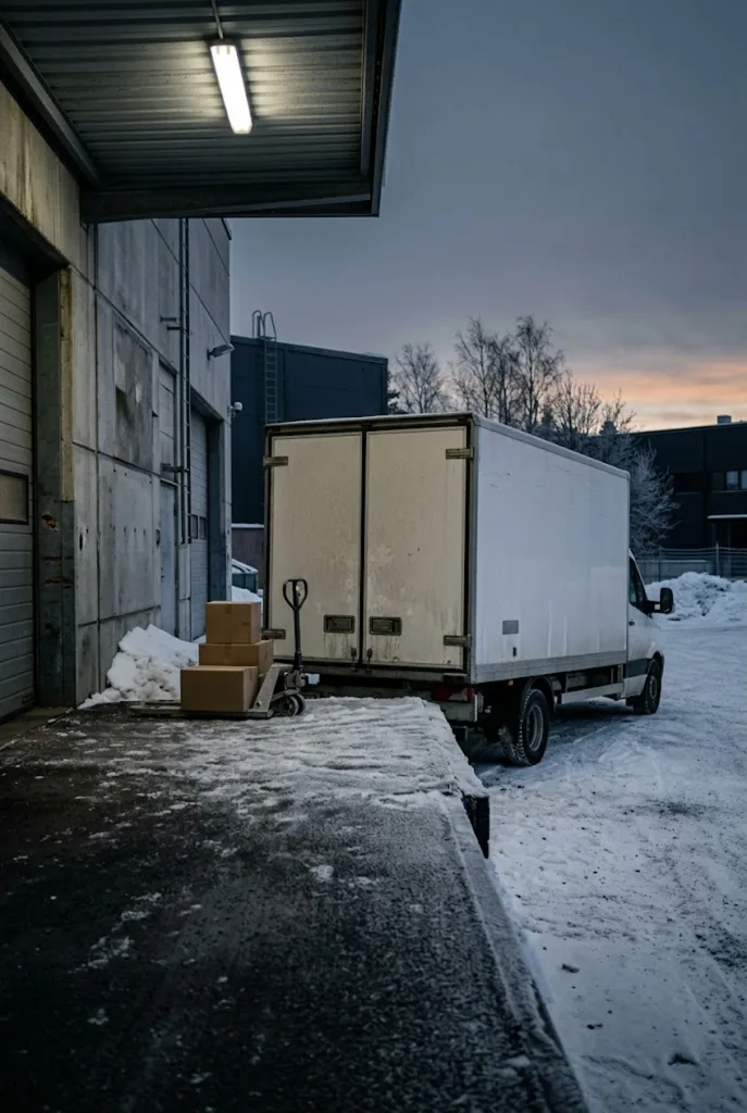 Jakeluauto lastauslaiturilla talvella