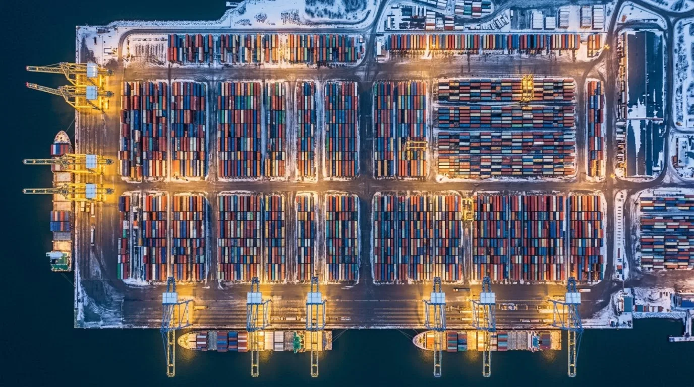 Konttisatama ilmakuvassa yöllä