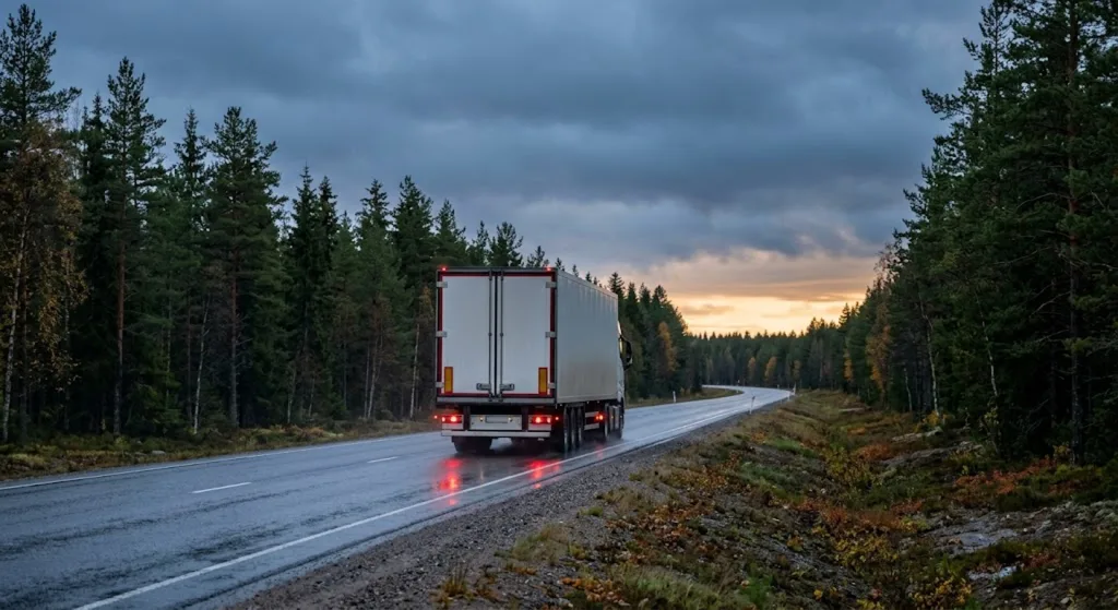 Rekka märällä suomalaisella valtatiellä syksyllä
