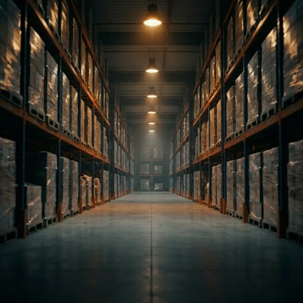 Moderni logistiikkavarasto, järjestetyt kuormalavat teräshyllyillä, lämmin teollisuusvalaistus